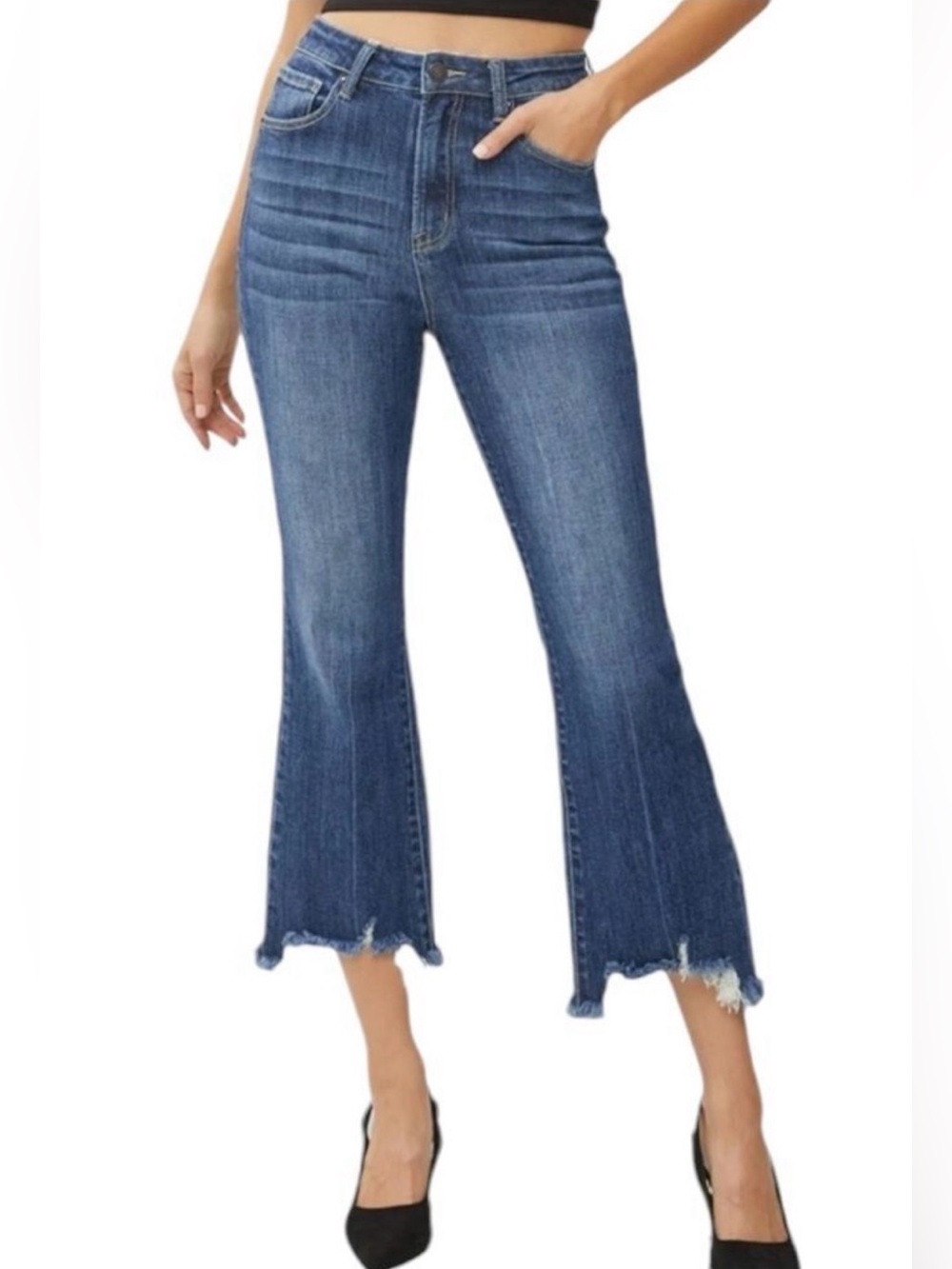 Risen Jeans High Rise Frayed Raw Hem Ankle Jeans Flare Medium Wash size 29/9 EUC